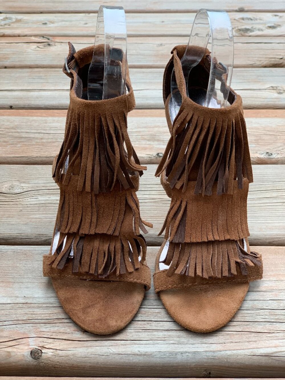 Steve Madden Fringe High Heel Sandals 7.5 Brown Suede Leather Open Toe Boho Pump
